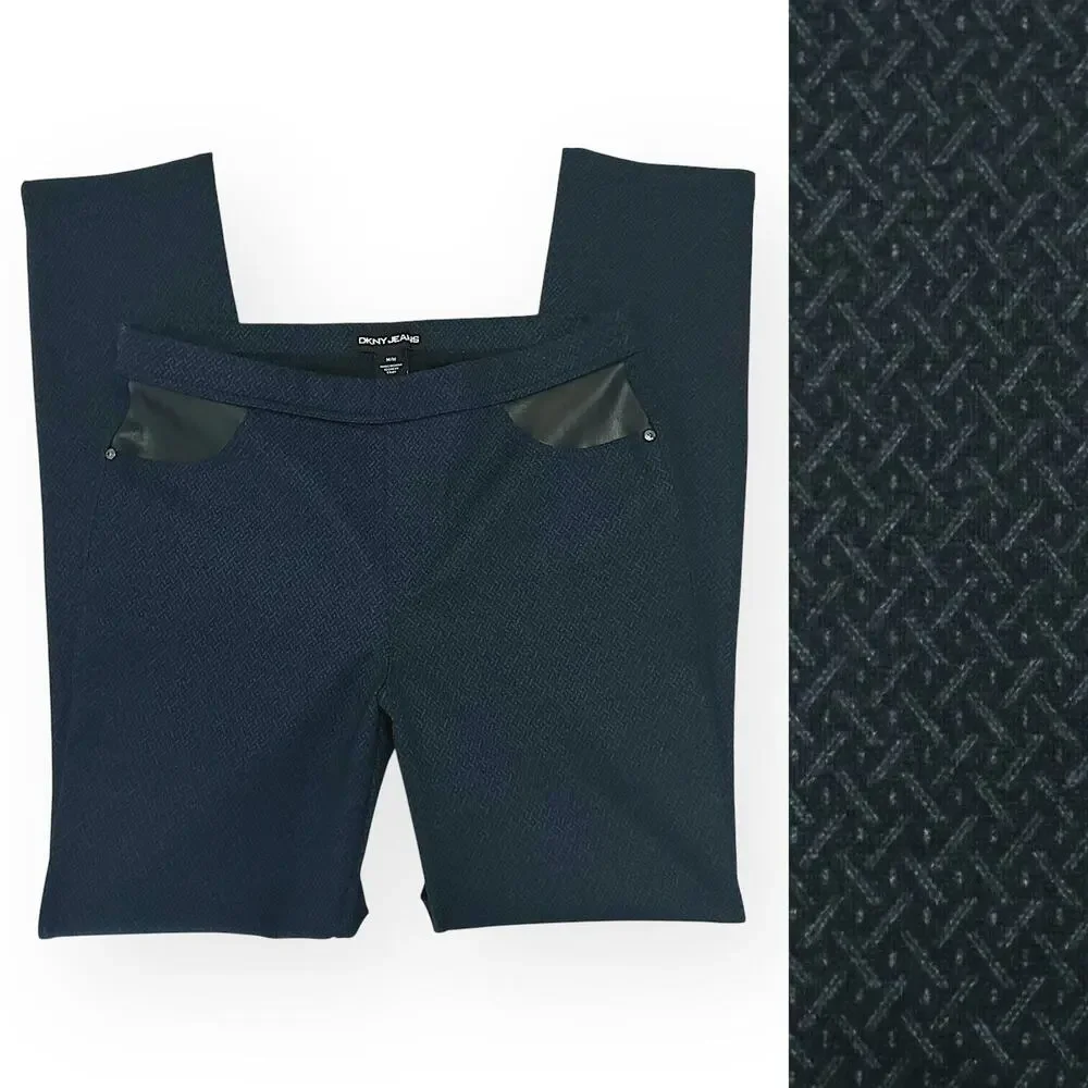 DKNY Pull On Ponte Pants Leather Navy Blue Diamond Lattice Work Career Medium